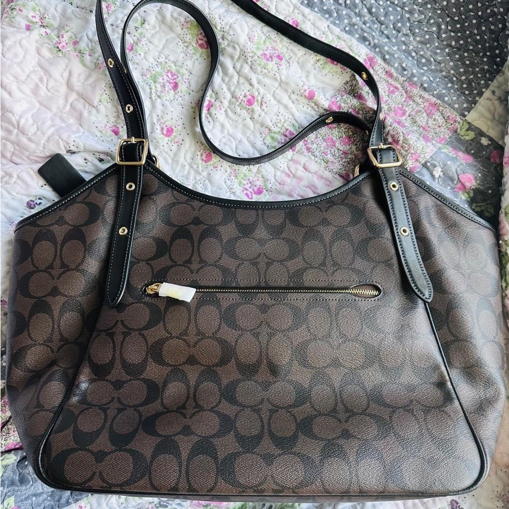 Coach Brown Signature Canvas Shoulder Bag with Black Trim